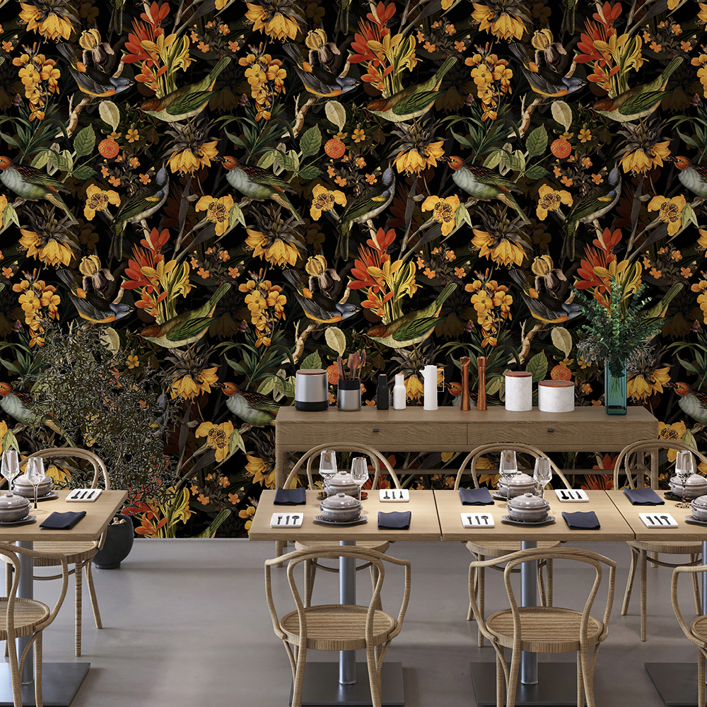 Colorful Birds and Redouté Flowers – Black UNA239017 Available Sizes: 47" x 47"
