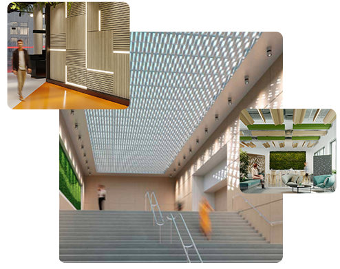 A collage featuring various individuals walking down stairs in front of a modern building.