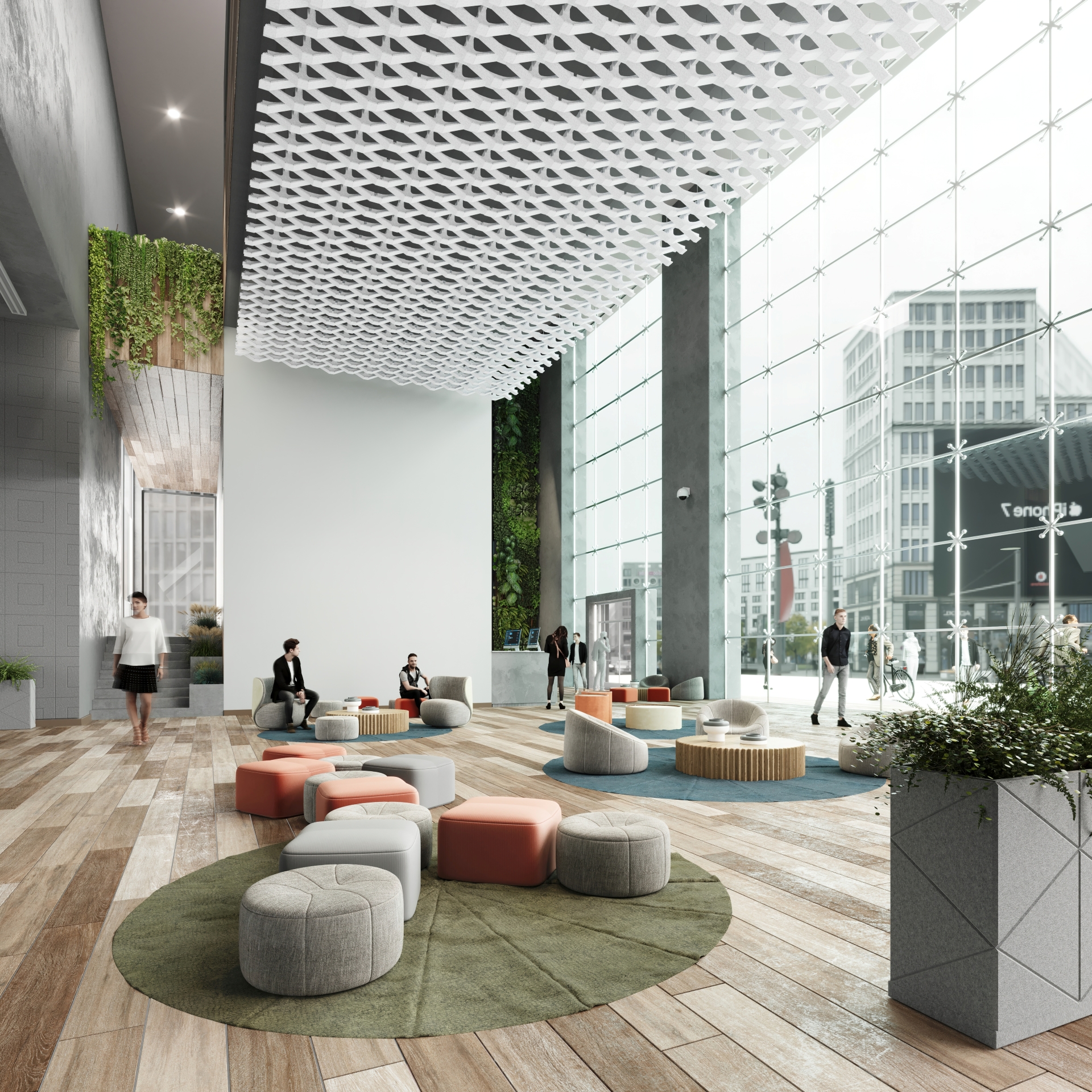 A modern office space with a vibrant green wall and a cozy couch, designed for acoustic comfort.