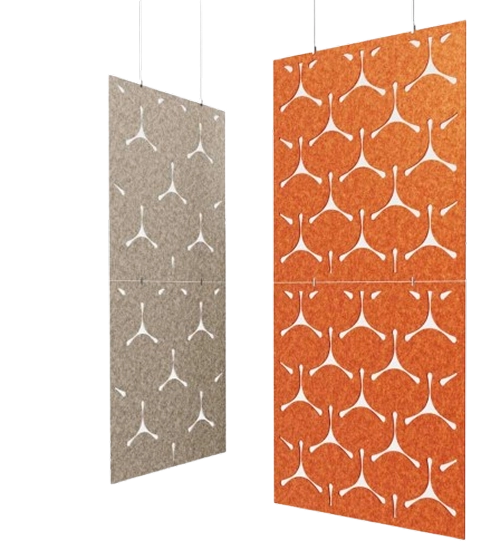 Two acoustic wall panels with distinct designs, hanging side by side, enhancing both aesthetics and sound absorption.