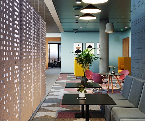 An expansive wall adorned with numbered acoustic panels, contributing to both acoustics and aesthetics.