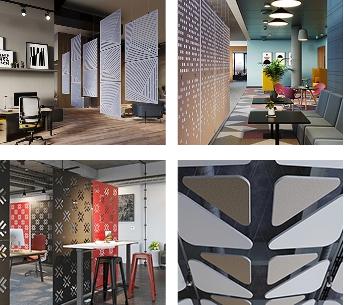 A workspace containing a desk, chairs, and a wall of acoustic panels designed to reduce noise.
