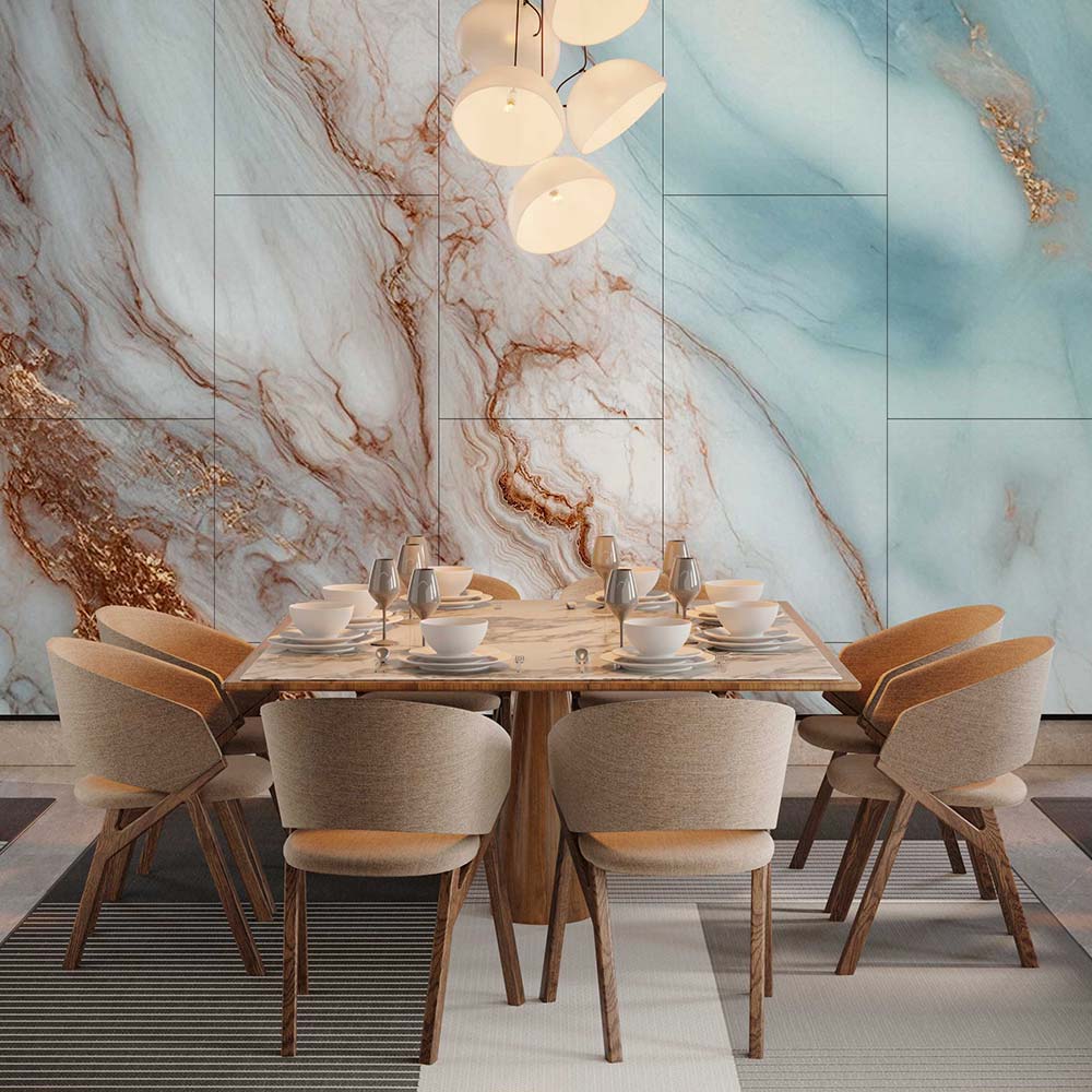  A dining room featuring elegant marble walls, stylish chairs, and a modern modular acoustic system for enhanced sound quality.