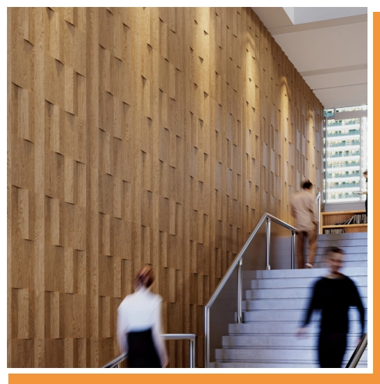 Elegant wooden wall panels enhance the aesthetic of a spacious lobby area