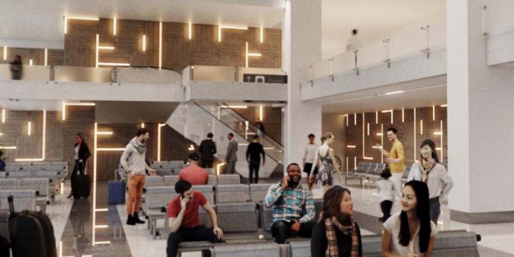 Rendering of the new airport terminal featuring modern design and acoustical panels for sound management.