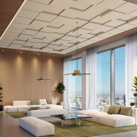 Modern living room featuring large windows, white couches, and an emphasis on acoustic design for public spaces.