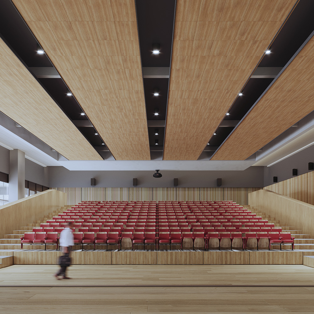 Interior view of a spacious auditorium with a wooden ceiling and decorative fresco-printed acoustic panels.