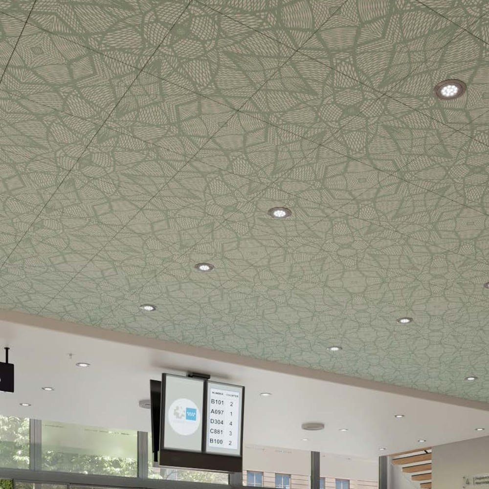 Ceiling featuring a green patterned fresco printed acoustic panel.