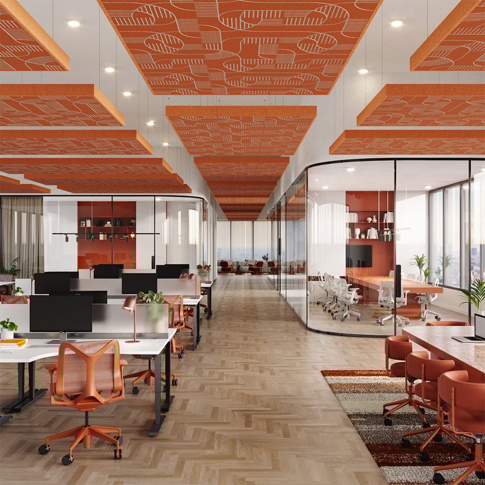Modern office space with orange chairs and desks, highlighted by a decorative fresco printed acoustic panel.
