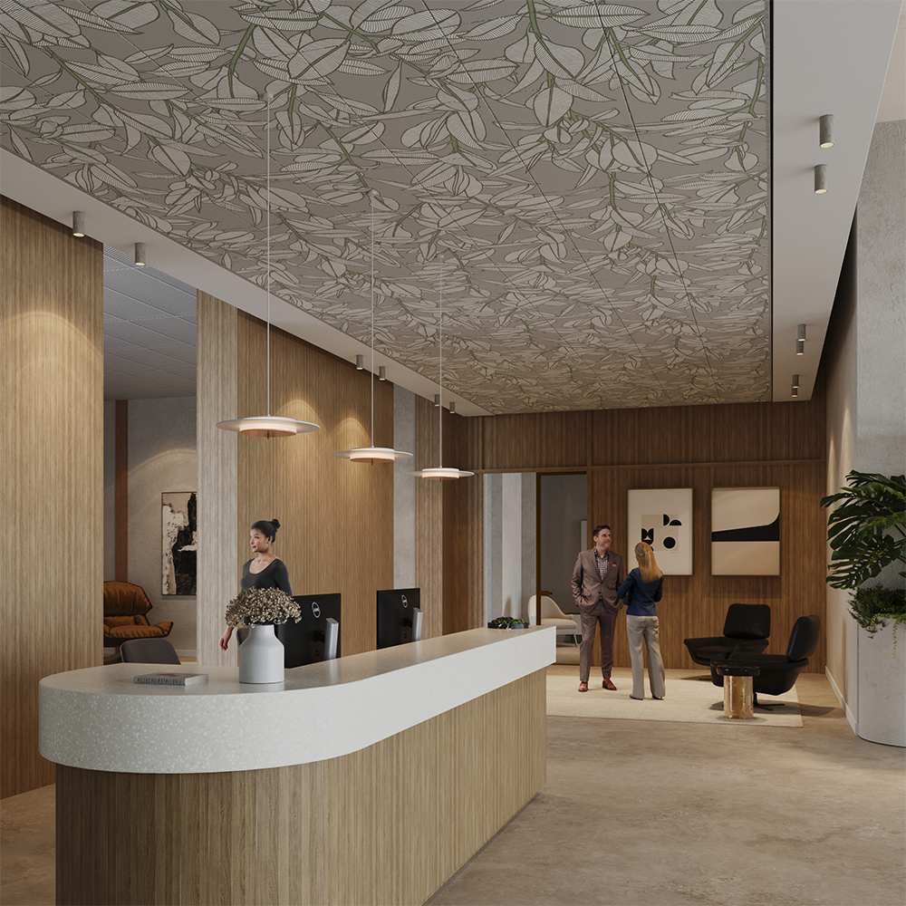 Stylish lobby in a modern office building, showcasing a fresco-printed acoustic panel and open space layout.