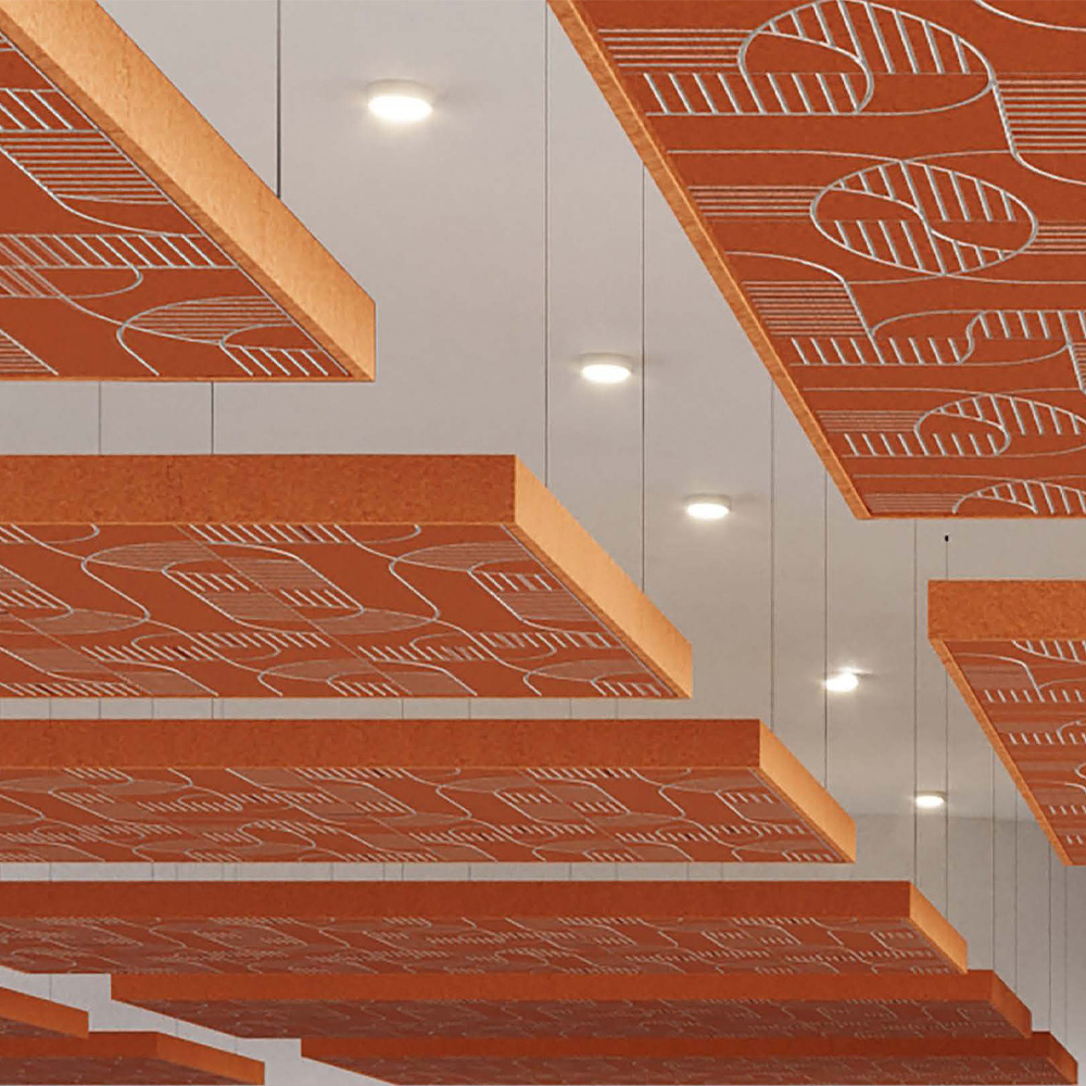 Ceiling featuring orange tiles designed as a printed acoustic panel.