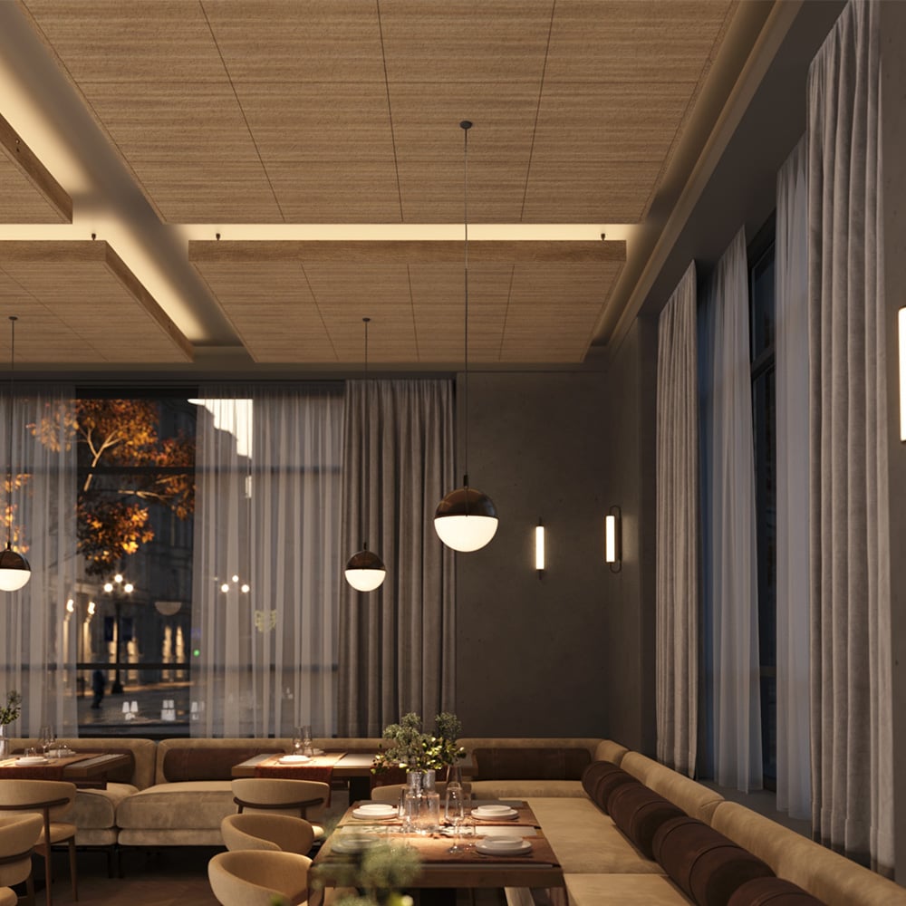 A spacious restaurant dining room featuring a large window and a fresco printed acoustic panel on the wall.