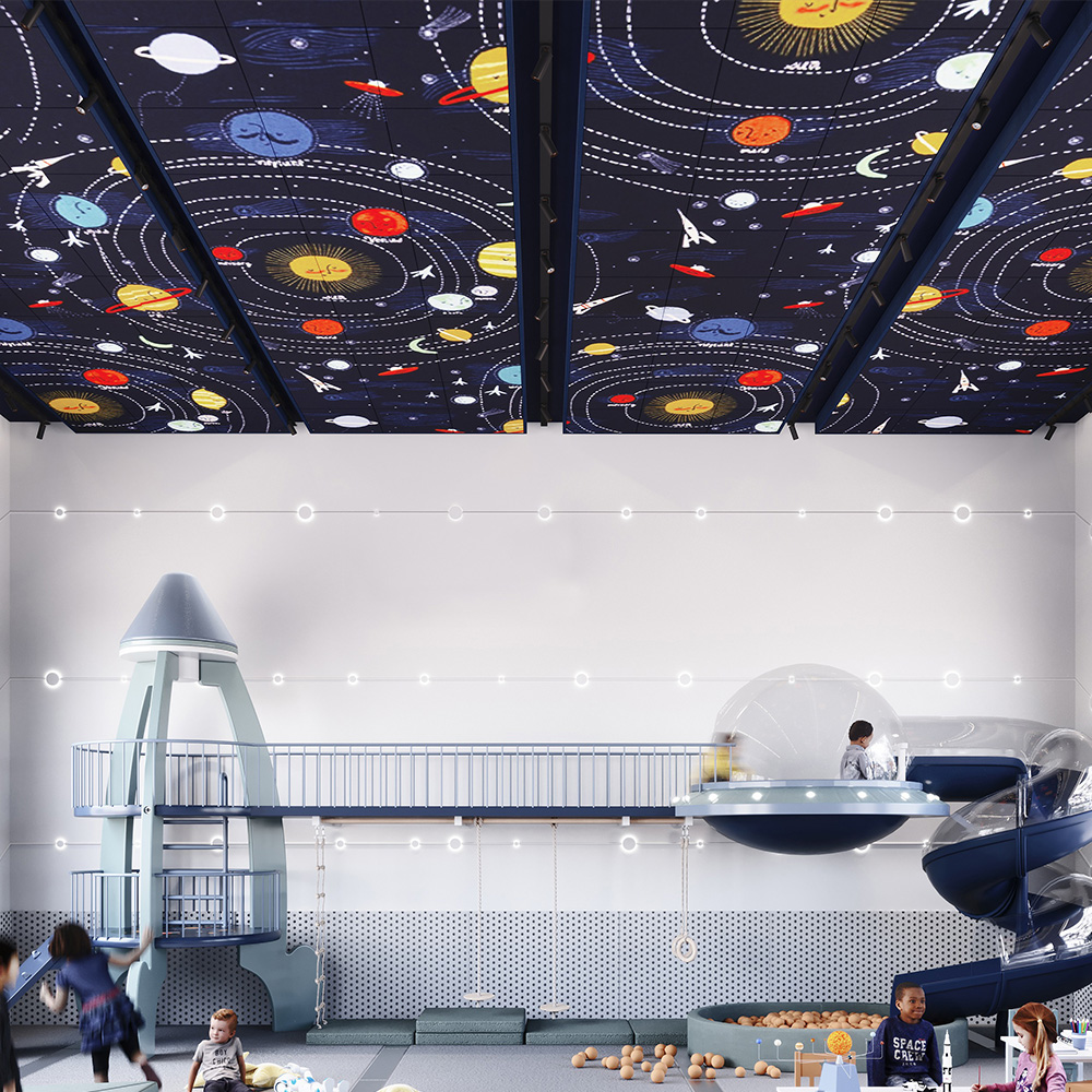 A room designed with a space theme featuring a starry ceiling and a fresco printed acoustic panel.