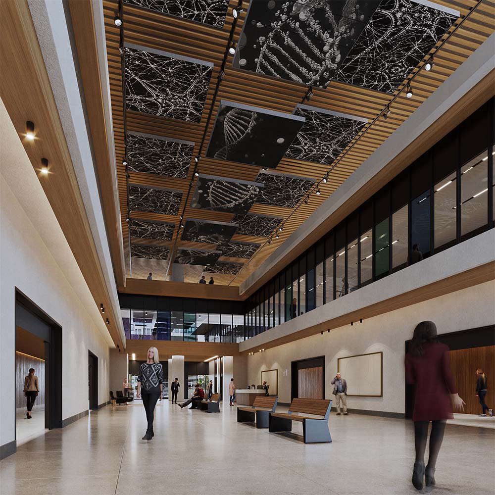 Interior of a large building with people walking, featuring a fresco printed acoustic panel on the ceiling