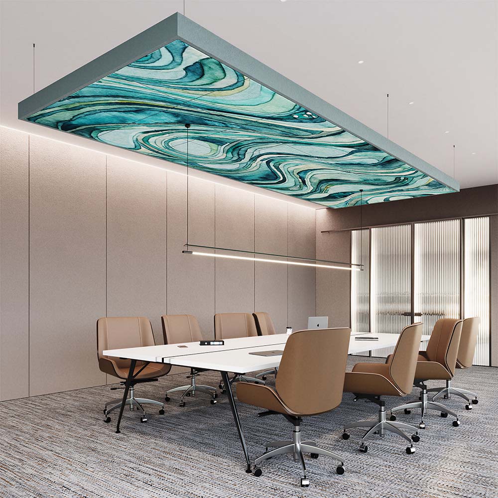 A conference room featuring a large glass ceiling and a fresco printed acoustic panel on the wall.