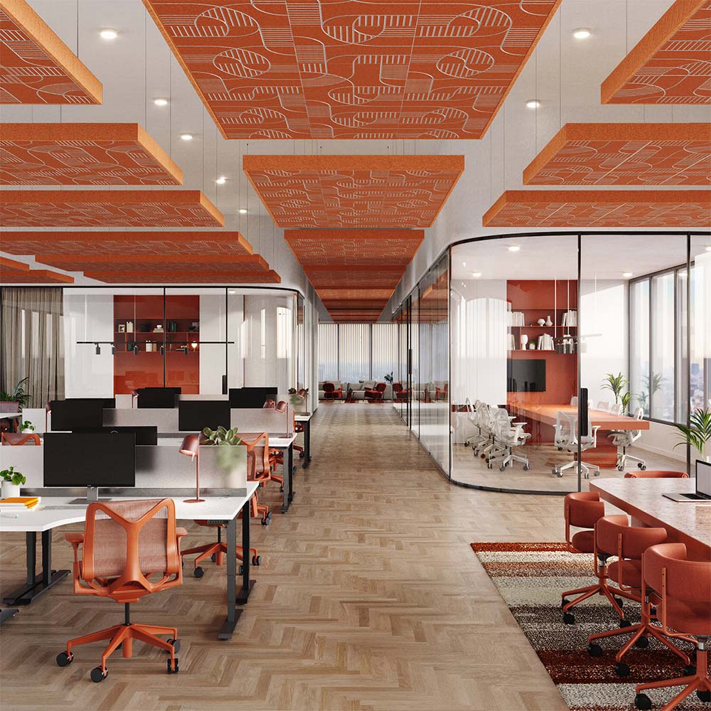 Modern office space with orange chairs and desks, highlighted by a decorative fresco printed acoustic panel.