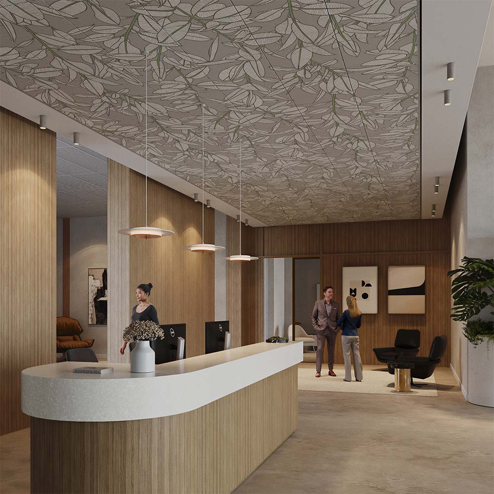 Stylish lobby in a modern office building, showcasing a fresco-printed acoustic panel and open space layout.