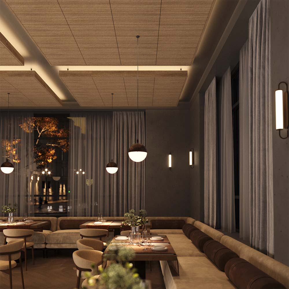 A spacious restaurant dining room featuring a large window and a fresco printed acoustic panel on the wall.